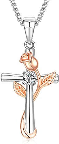 Praelinos Croix Collier pour Femme Pierre de Naissance Pendentif 18K Plaqué Or Blanc/Rose 5A Zircone Cubique Ton Argent Cadeaux de Bijoux pour Mère Filles D'anniversaire Noël Saint-Valentin (Blanc)