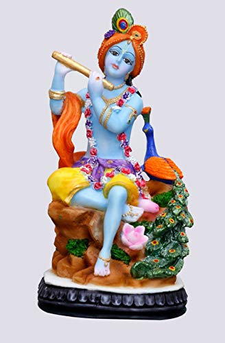 Sri Krishna Culture - Adorable Krishna assis avec paon jouant flûte pour décoration de la maison - Hauteur : 11,4 cm - Résine multicolore