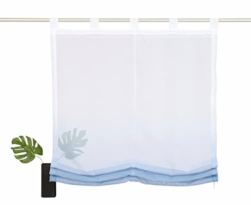 Devola Raffrollo Farbverlauf Vorhang transparent Voile Raffgardinen Modern Rollo mit Kordelzug Küchengardine mit Schlaufen Faltvorhang BxH 140x150cm Blau 1er Pack