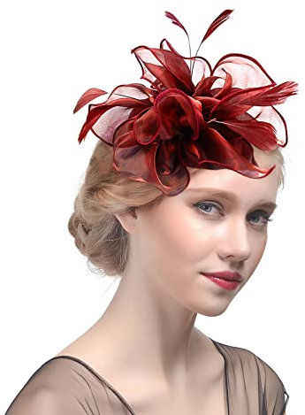 Fascinator Hut Damen Haarschmuck Organza Pillbox Hut mit Feder Hochzeitshut 1920s Vintage Royal Damenhut mit Clip Stirnband Blumen Haarspange Braut Hochzeit Partyhut Kirche Teeparty