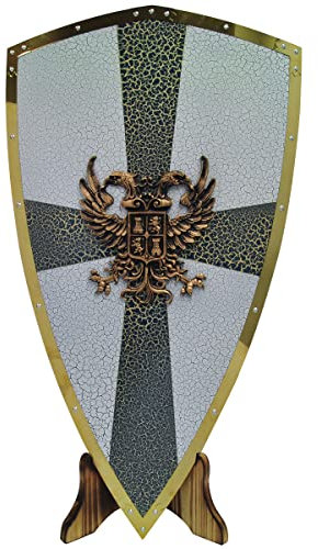 Ruian XY1018 Fantasy-Schild aus Metall, mit Ständer, 76,2 x 45,7 cm, Weiß mit grauem Saltire-Kreuz und goldfarbenem Emblem