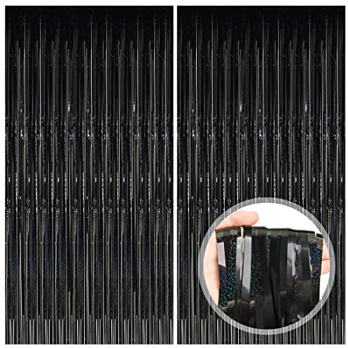 O-Kinee Lametta Vorhänge Schwarz Glitzer, 2 Stück Metallische Glitzervorhang Fringe 1m x 2m, Glitzer Tinsel Curtain, Folienfransen Vorhang für Geburtstage Halloween Festivals Party ​Bühnendekor