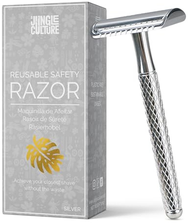 JUNGLE CULTURE Single Blade Safety Razor for Women & Men – Silver | Weighted Metal Shaver with Textured Hexagon Grip • Reusable Eco Shave for Face, Legs & Underarms • Sensitive Skin Friendly