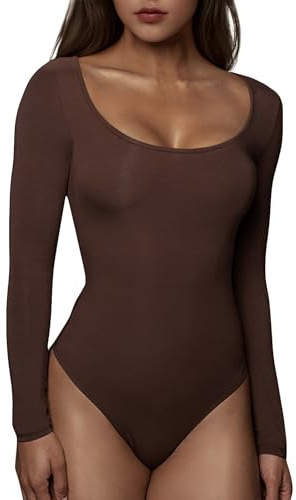 RoomTour Body Damen Elegant Langarm Bodys for damen Bodysuit Tops for damen Stringbody 1-Braun S