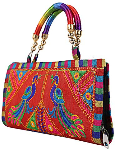 Craft Trade Peacock Red Clutch Purse for Women Rajasthani Hand Embroidered Mini Hand Bag Women's Cluches for Wedding Party Gifts