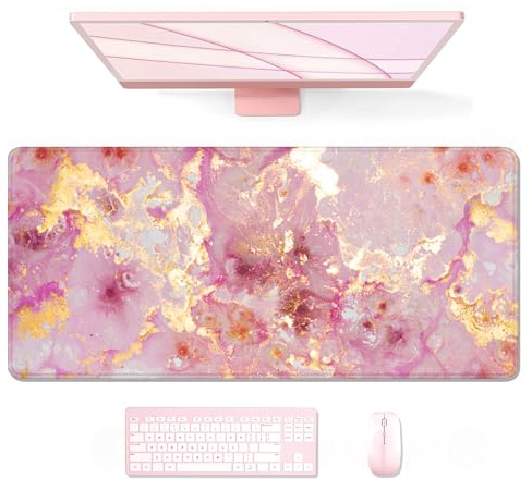 Auhoahsil Stor musmatta, XXL, för spel, skrivbordsmatta, tjockt gummi, stor och lång storlek, sydda kanter, full, för laptop och dator, utökad, 90 x 40 cm, rosa och guldfärgad marmor