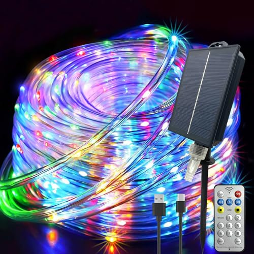 GLPE Solar Lichterkette Aussen, 20M 200 LED Lichtschlauch Außen Wetterfest mit USB Ladefunktion, 8 Modi Fernbedienung Solar Lichterschlauch Outdoor für Garten Weihnachten Trampolin Schwimmbad