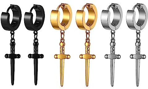 Flongo 3 Paare Herren Schwert Ohrringe Set Edelstahl Creolen mit Anhänger Schwert Dagger Kreuz Dolch huggie dagger earrings gotik punk Ohrstecker Piercing für Männer Damen schwarz gold silber