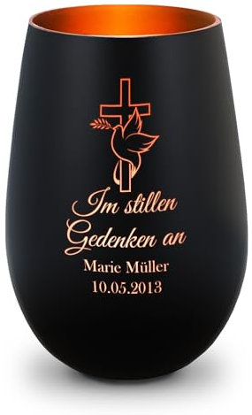 GRAVURZEILE Deko Windlicht aus Glas mit Gravur - Im Stillen Gedenken - Personalisiert mit Namen & Datum - Grabschmuck und Grabkerze - Trauerlicht zur Beerdigung oder als Andenken - Schwarz/Bronze