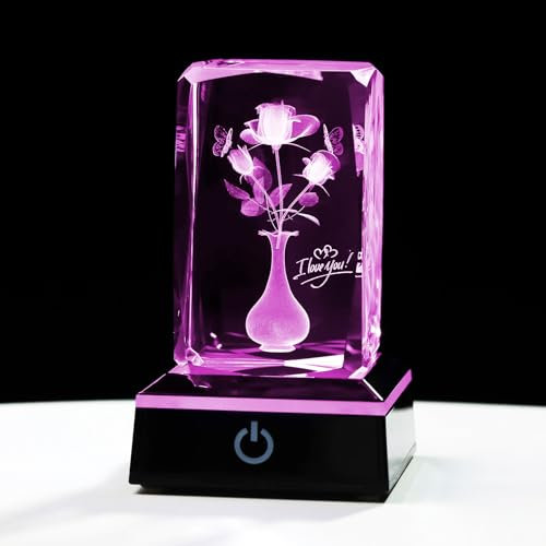 Crystal 3D Rose Flower with LED Light Base I Love You Ornament Gifts for Wife Girlfriend Mum Romantic Presents for Her Anniversary Mother's Day Valentine's Day Paperweight