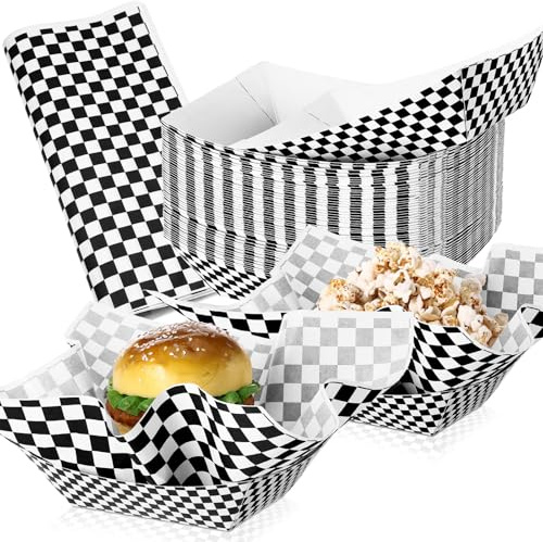Geosar 100 Pcs Gingham Party Supply Disposable Paper Food Tray Bulk Disposable Food Boat with Checkered Wax Paper Sheet Checkered Wrapping Supply for Carnival Picnic Birthday Party (Black White)