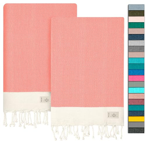 NOUR Hamamtuch Strandtuch | 2er Pack | groß 100x200 cm | aus 100% Baumwolle | Picknickdecke | Saunatuch | Extra leicht | saugstark | schnelltrocknend | Sandfrei (Lachsfarben)