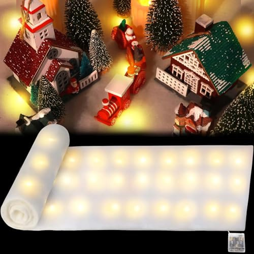 Manta de nieve de Navidad con luces, manta de nieve iluminada con caja de batería, cadena de luz, camino de mesa de nieve artificial para decoración de pueblo de Navidad y árbol (blanco/luz cálida 1)