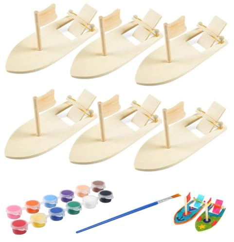 Rcxnm Holzboot Spielzeug, 6 Stück Holz Segelboot Set zum Bemalen und Dekorieren, Mini Holz Segelboot Lernspielzeug für Kinder