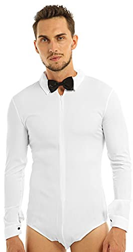 Jhaoyu Herren Langarm Tanz-Body Latein Slim fit Obeteile Hemdbody Overalls Männerbody mit Fliege festlich Tango Rumba Party Tanzkleidung Weiß XL