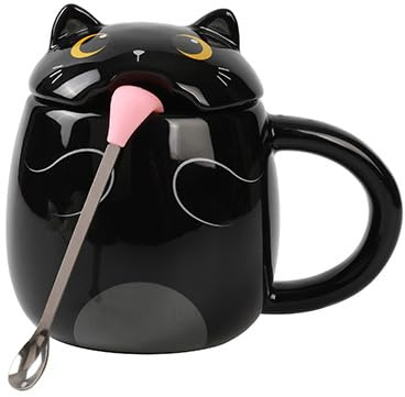 I-TOTAL® - Tasse à café et à thé unique, cuillère avec design de langue amusante, cadeau parfait pour les enfants et les adultes 400 ml (BLACK CAT)