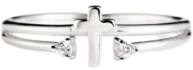 Niaspi Minimalist Cross Ring for Women Hypoallergenic Silver Plated Double CZ Bezel Fashion Chic Punk Cross Christian Religious Adjustable Band Finger Ring Crystal Crucifix Jewelry Gifts