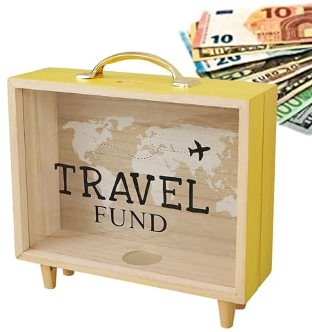 Scatola dei Ricordi in Legno con Fessura per Biglietti | Cornice Portasoldi con Mappa del Mondo e Design di Aereo | Moderno Salvadanaio da Tavolo, Decorazioni per Casa, Ufficio o Viaggio, Idea Regalo