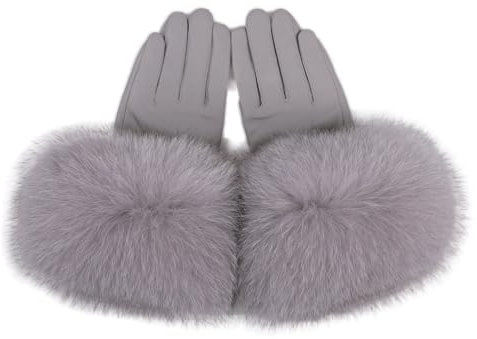 Damen-Handschuhe aus echtem Lammfell mit Manschette für den Winter, warm, mit Fleece gefüttert, Grau, Größe M