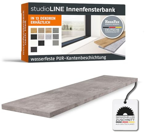 HausFux studioLINE MDF-Innenfensterbank nach Maß - 1,8 cm stark, melaminbeschichtet, mit ABS-Kante - Made in Germany - individueller Zuschnitt (Bellato Grau, T x L | 20 x 150 cm)