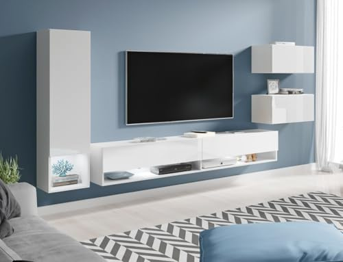 MINIO go for it - Wohnwand 4-Teilig Set Amy, Wandschrank Hängend, Laminierte Spannplatte, Weiß matt/Weiß glänzend - mit LED Beleuchtung