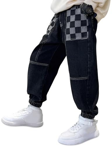 Baogaier Pojkjeans, lösa lediga jeans mode för 6–14 år, Svart Lattice, 7-8 år