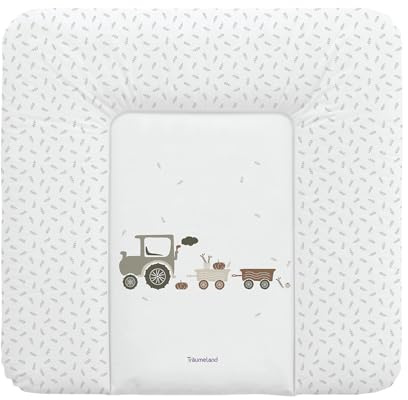 TRÄUMELAND - Little Farm grün | Wasserabweisende und abwischbare Wickelauflage mit süßen Traktoren |Wickeltischauflage ausThermo-Vlies und phtalatfreie PVC. 75x75 cm