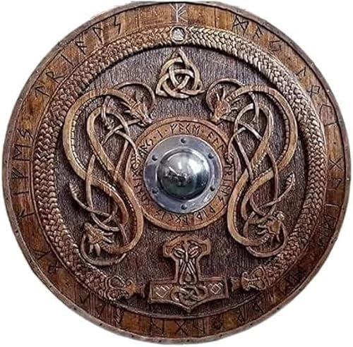 Mittelalterlicher Wikingerschild für Cosplay, Rollenspiel, Wikinger mit geschnitzten nordischen Runenornamenten, Kampfgeschild, Holzschild, authentischer Wikingerschild, Kampfbereiter Wikingerschild