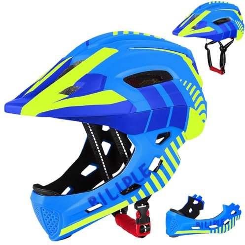 Kinderhelm, 2-In-1 Integriert Kinder Fahrradhelm mit Abnehmbarem Kinnschutz, Unisex 52-56cm Children's Helmet, Kindersport Schutzhelm zum Fahrräder Laufrad Roller Rollschuhe (Blau Gelb)