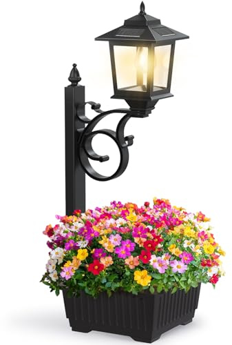 Joyoowild Lámpara solar de poste con maceta, macetas 2 en 1 para exteriores, luces solares impermeables, macetas LED, lámparas de exterior para patio, decoración de porche delantero, blanco cálido,