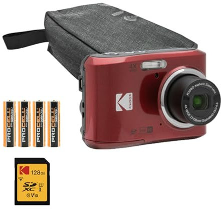 Kodak PIXPRO FZ45 Friendly Zoom Digital Camera (Red) Bundle with Folding Storage Travel Case, 128GB SD Class 10 UHS-I U1 V10 Full HD Memory Card, and Procell AA (4-Pack) (4 Items)