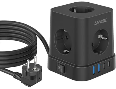 Steckdosenwürfel mit USB C, 5 Fach Mehrfachstecker Steckdose mit Schalter | Steckdosenleiste Überspannungsschutz mit 2x USB-C ( 15W) + 2x USB-A (12 W), Verteilersteckdose 2M für Zuhause und Büro