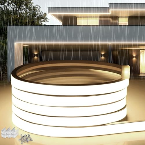 SUCIKORIO Neon LED Streifen 15m, Silikon Wasserdicht Feuerfest IP65 Led Strip Naturweiss 4000K 10mm Led-Lichterkette Außen 230V Flexibler Lichtband Aussenbereich mit Netzteil für Haus, Party, Küche