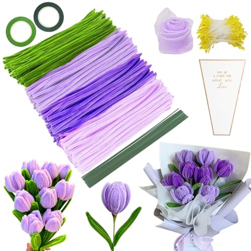 YSUVIN Pfeifenputzer Zum Basteln, 400 Stück Set in 4 Farben Lila Grün Mit Blumendraht, Blumen Staubblatt, Blumentasche für DIY Dekor