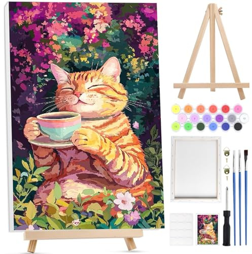 Bowetile Katze Malen nach Zahlen für Erwachsene mit Rahmen, Tiere Malen nach Zahlen mit Holzstaffelei für Anfänger Leinwand Kit, DIY Acryl-Pigment Malvorlage für Home Décor, 20x30 cm