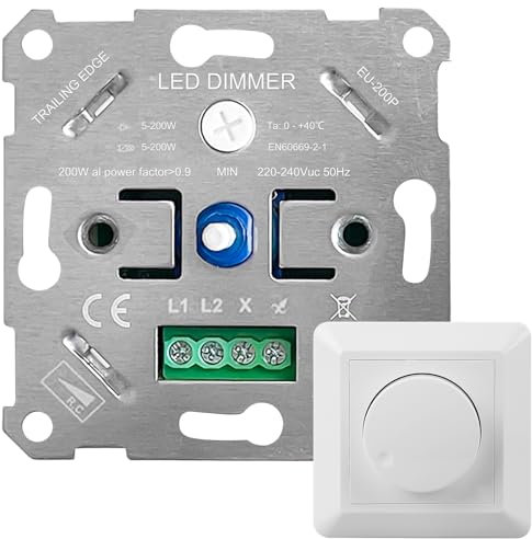 Interruttore dimmer a LED 220 – 240 V, dimmer per lampade a LED e lampadine a incandescenza, colore bianco, universale, dimmer da incasso, 5 – 200 W, dimmerabile e lampadina alogena