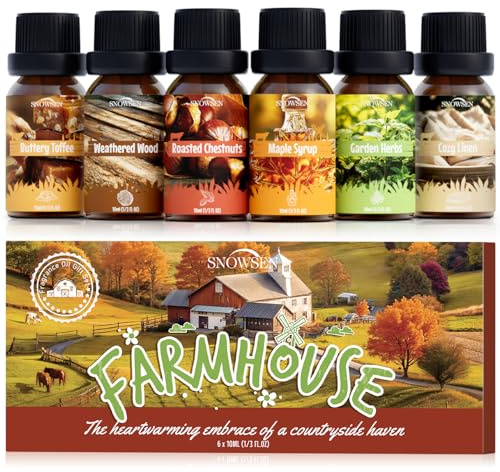 SNOWSEN Farmhouse Essential Oils for Diffuser, Aromatherapy Oil Set - Roasted Chestnuts,Buttery Toffee, Garden Herbs, Cozy Linen, Maple Syrup, Weathered Wood, Cozy Fragrance Oils Gift Set