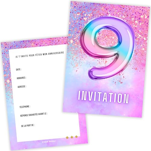 Carte Invitation Anniversaire Fille 9 Ans – Lot de 12 Cartes premium – Thème ballon helium boum Arc en Ciel Pastel Rose Violet Licorne – Papier Épais 400g – Format A6 – Fabriqué en France (9 ANS)