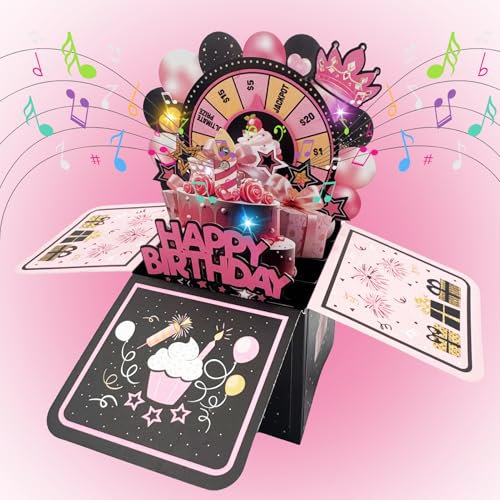 Geburtstagskarte Pop Up mit Lotterie Drehscheibe Musik, 3D Karte Geburtstag mit Lichtern, Explosionsbox mit Umschlag Geburtstagsgeschenk für Frauen Mädchen Party Jubiläum (Englischer Dollar)