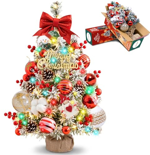 JOY SPOT! 60cm Mini Weihnachtsbaum mit Beleuchtung LED & weißem Schnee, Kleiner Künstlicher Weihnachtsbaum mit Roter Schleifen-Spitze, Tannenzapfen Deko, Christmas Tree für Weihnachten Deko