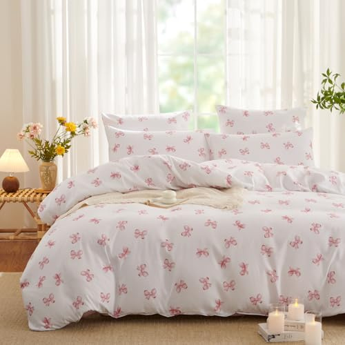 Freyamy Housse de Couette 200x200 Blanc,Noeud Papillon Parure de Lit Microfibre avec 2 Taies d'oreiller 65x65 cm - Réversible Femme Linge de Lit Adulte avec Fermeture Éclair