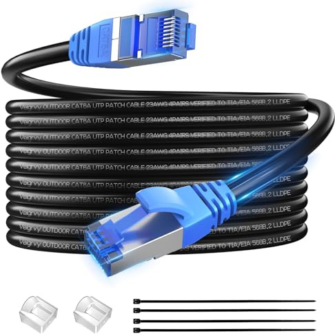 Veigrvy Cable Ethernet Cat 6A 10M Exterior, 23AWG 10Gbps LAN Red Internet | Entierro Directo Cubierta Impermeable para LLDPE, Alta Velocidad Gigabit, CCA, UTP, 550MHz con 20 Ataduras Negro