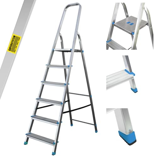 Bayersystem BS-DA6 150 Blue Trittleiter mit 6 Stufen, Aluleiter, bis 150 kg belastbar, max. Arbeitshöhe 3,21 m, Klapptrittleiter mit Handlauf, Anti-Rutsch-Füße, Klapptritt für Haushalt, Silber/Blau