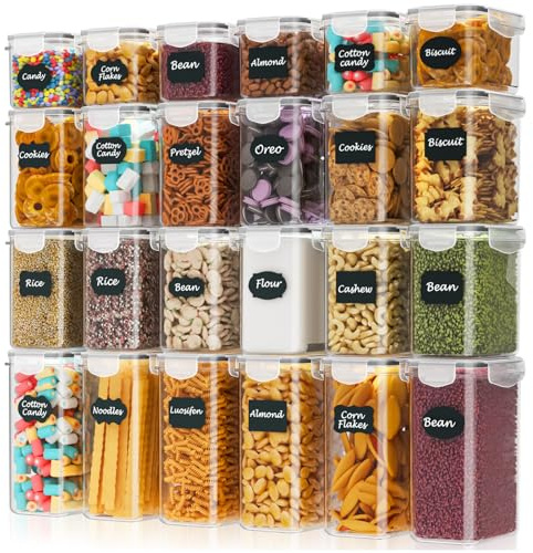 Storivo 24 Pack Airtight Kitchen Food Containers – BPA-Free Cereal Storage Containers & Food Storage Containers for Flour, Sugar & Baking Supplies, with 24 Labels & Marker (33.6L)