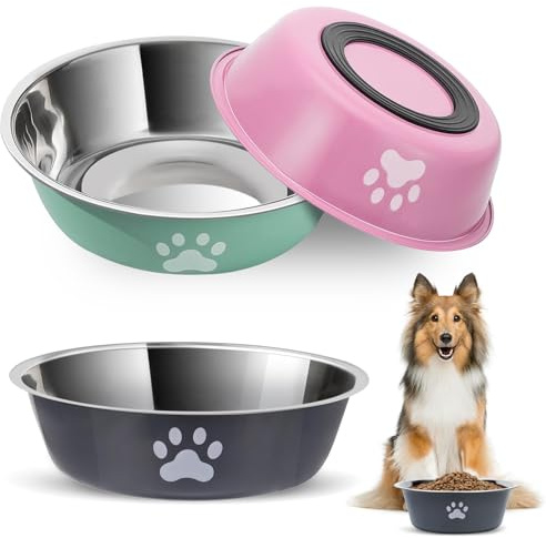 Hundenapf Edelstahl, 3 Stück Hund Napf Futternapf Wassernapf Hundeschüssel Fressnapf Set mit Rutschfestem Gummi für Kleine Hunde Katzen (860ml)