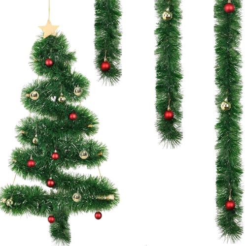 8M Tannengirlande Kunst Ø13 cm Weihnachten Girlande Tannengrün mit Weihnachtsbaumkugeln Rot Gold 4cm,Christmas Garland Realistic Feiertagsgirlande Treppe Weihnachtsdeko Girlande Weihnachten