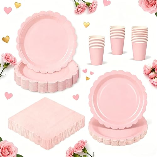 96pcs Pink Paper Plates Girls - Baby Pink Paper Plates Cups and Napkins Set Disposable Plates Party Tableware for Girls Birthday Princess Party Christening Decoration Baby Shower Tea Party(24 Guests)