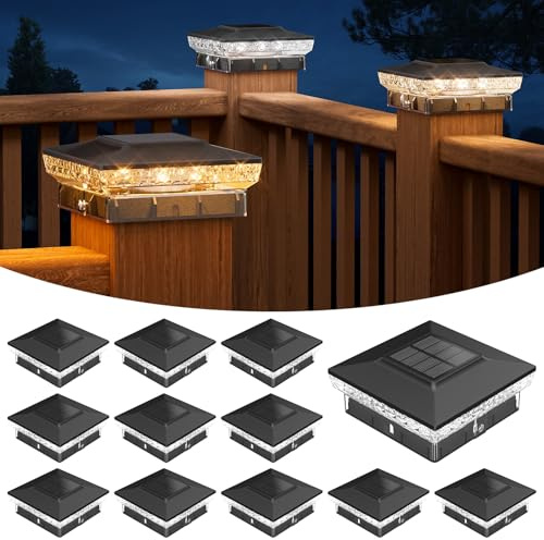 APONUO Solar Post Cap Lights for 4x4 Wood &Vinyl Posts, 3 Light Modes & 800mAh Battery, IP65 Waterproof Rugged Unibody, Solar Outdoor Lights for Fence, Deck & Patio (Black, 12 Pack)