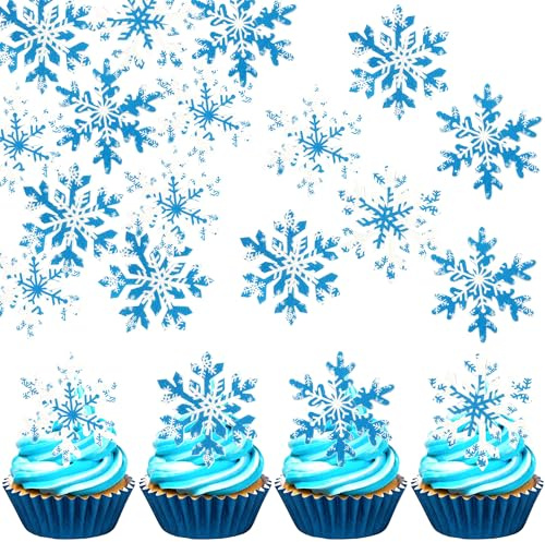 60 Stück Essbare Schneeflocke Cupcake Toppers Waffelpapier Schneeflocke Kuchen Deko Essbare Winter Wonderland Tortendeko für Baby Dusche Kinder Geburtstag Party Kuchen Dekorationen Blau