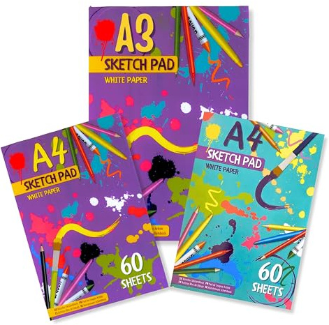 3-Pack Kids Sketchpad Set – 2 x A4 Drawing Pads (60 Sheets Each, 80gsm) + 1 x A3 Sketchpad (30 Sheets, 80gsm) – 150 Sheets Total for Doodling, Sketching, and Drawing